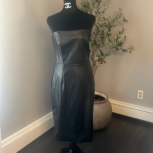 Black leather strapless dress
